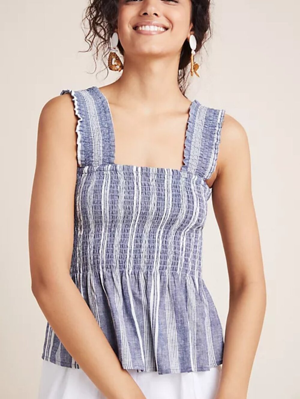 MAEVE ANTHROPOLOGIE Schuyler smocked peplum wide strap top striped linen blend